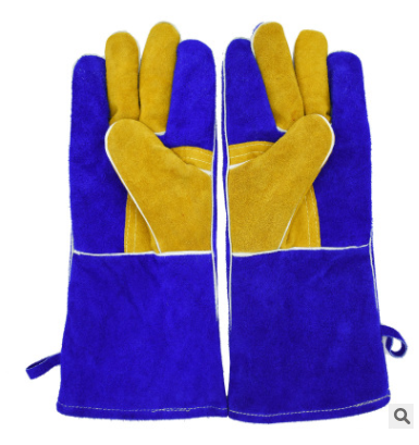 供應(yīng)A級牛皮防燙焊接電焊防護(hù)手套二層皮雙層防切割勞保手套加厚